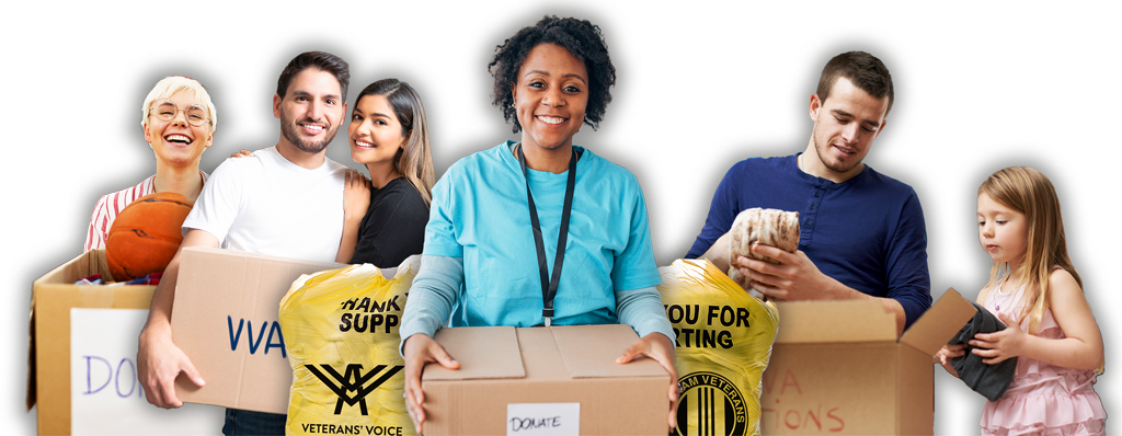 Donors holding bags of donated items